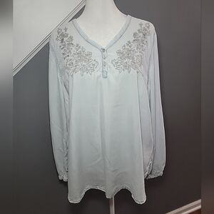 Chico’s Sequined Chambray Tunic Top Women’s Size L Pullover V-Neck Long Sleeves